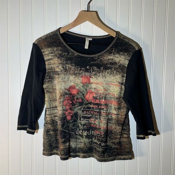 VTG Susan Lawrence Paris Y2K Distressed Graphic Tee Grunge Goth Floral Top PL - Picture 1 of 10